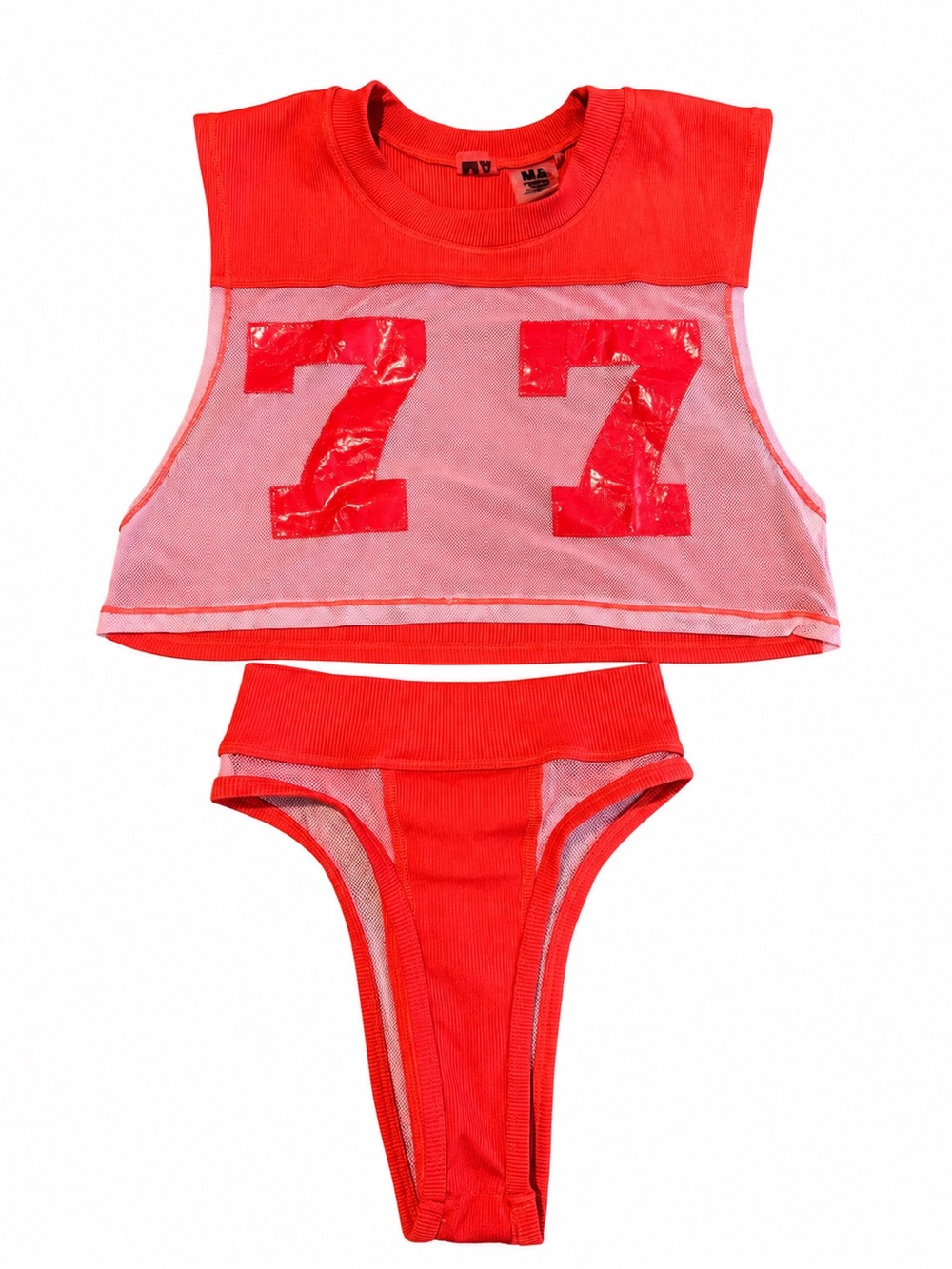 MA Y2K Rave Red Mesh 77 Two Piece Crop Top High Cut Bottom Festival Set XS
